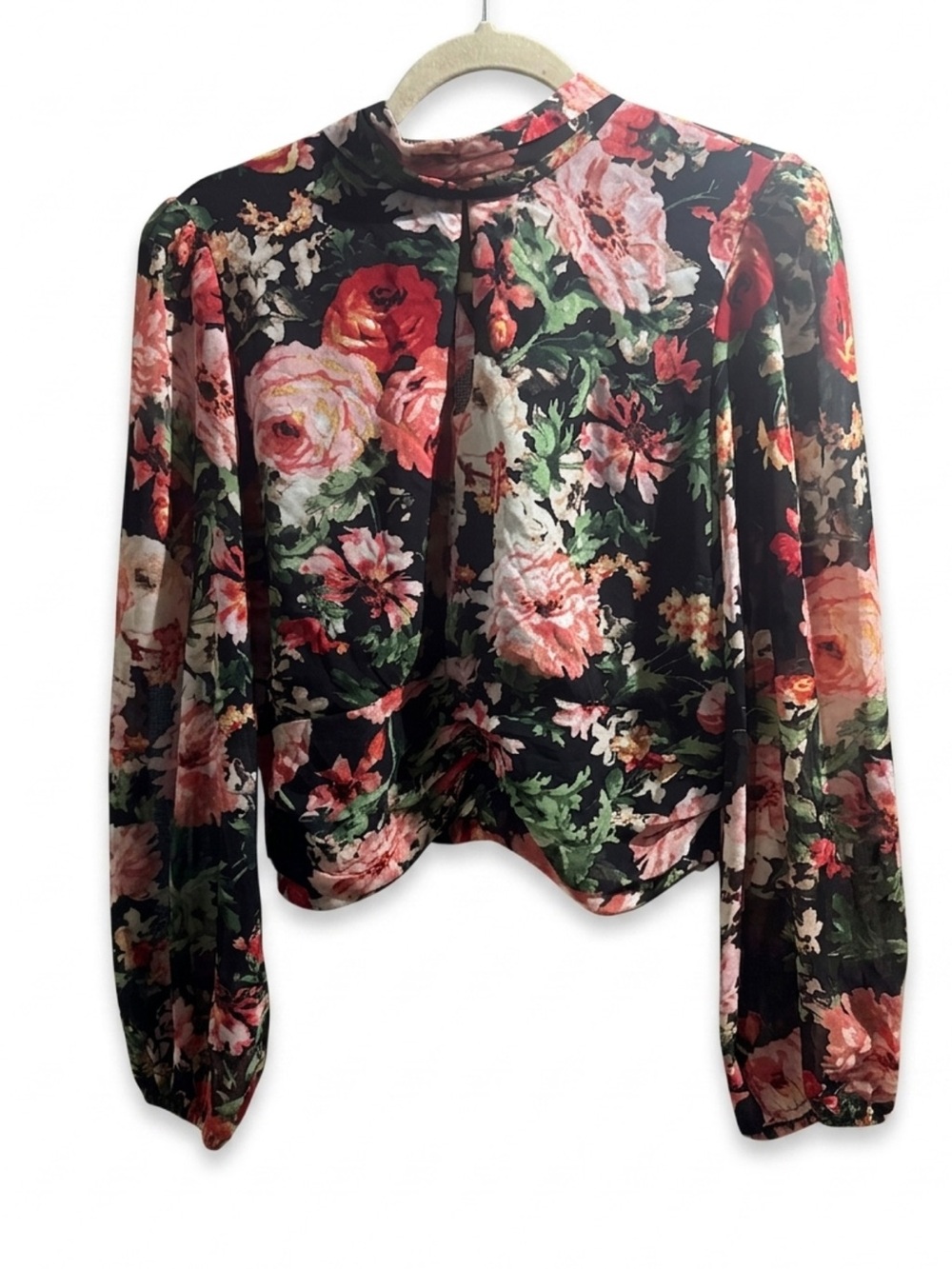 Floral Mock-Neck Long Sleeve Blouse - Black/Pink